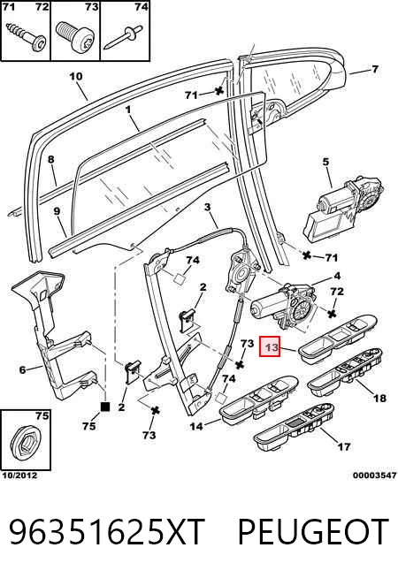 96351625XT Peugeot/Citroen Unidade de botões dianteira direita de controlo de elevador de vidro