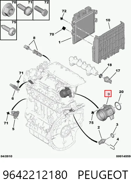 9642212180 Peugeot/Citroen Sensor de fluxo (consumo) de ar, medidor de consumo M.A.F. - (Mass Airflow)
