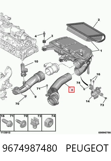 9674987480 Peugeot/Citroen Cano derivado de ar, entrada de filtro de ar