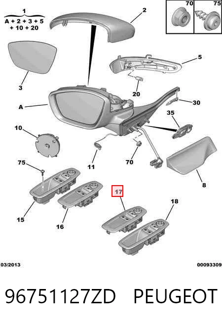 96751127ZD Peugeot/Citroen Unidade de botões dianteira esquerda de controlo de elevador de vidro