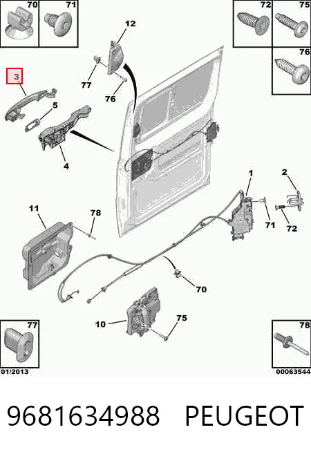 9681634988 Peugeot/Citroen Maçaneta externa direita da porta lateral (deslizante)