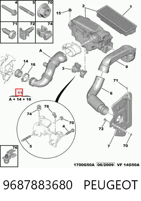 9687883680 Peugeot/Citroen Cano derivado de ar, saída de filtro de ar