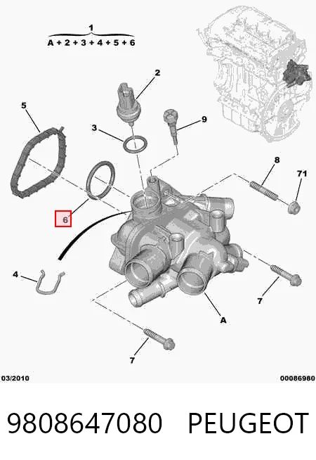 9808647080 Peugeot/Citroen Caixa do termostato