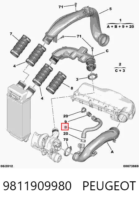 9811909980 Peugeot/Citroen Cano derivado de ar, entrada na turbina (supercompressão)