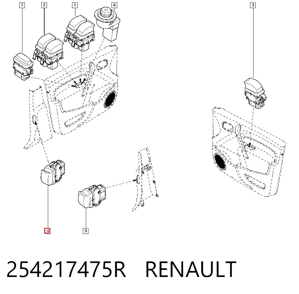 254217475R Renault (RVI) Botão dianteiro direito de ativação de motor de acionamento de vidro