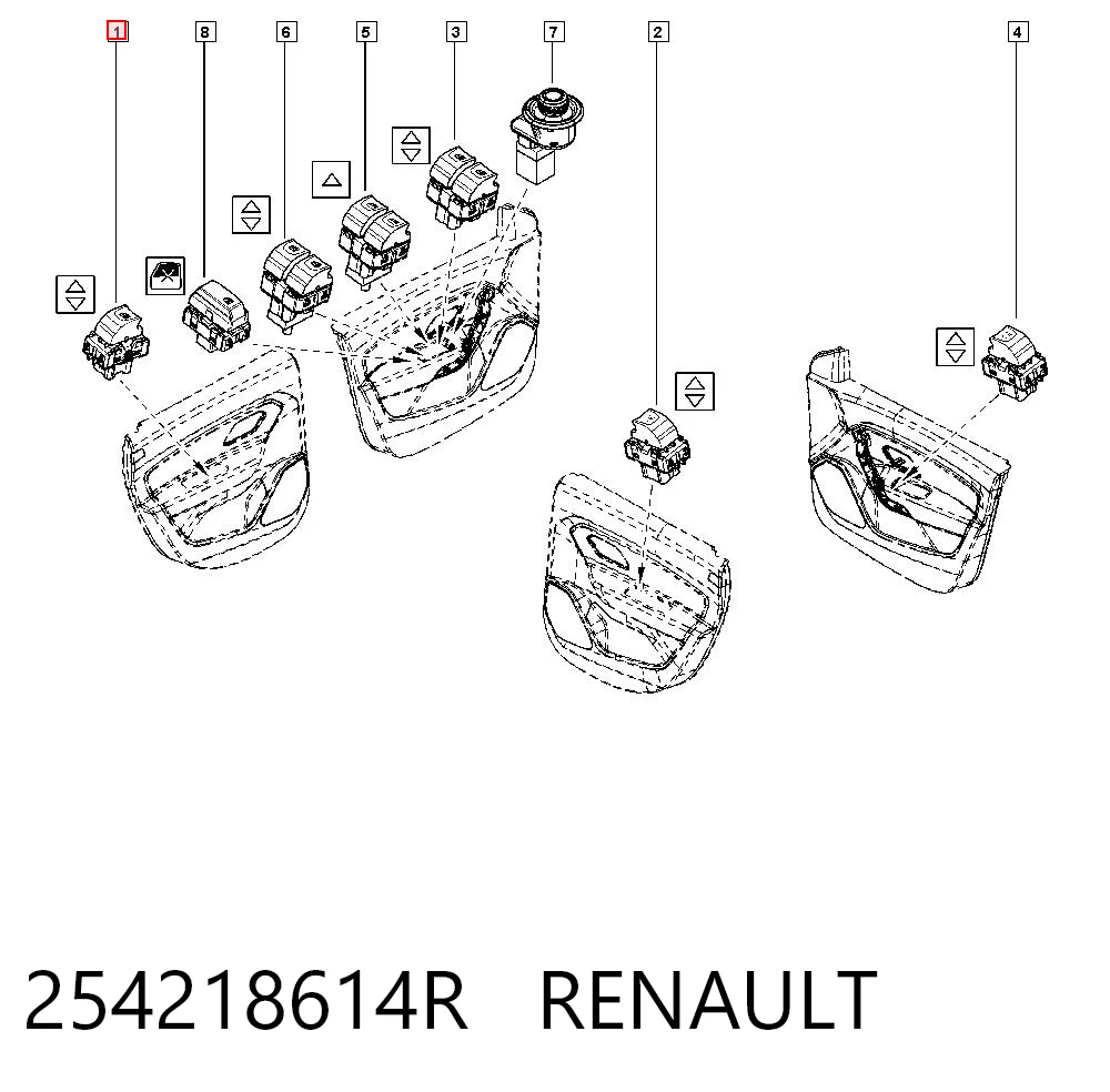254218614R Renault (RVI) Botão dianteiro direito de ativação de motor de acionamento de vidro