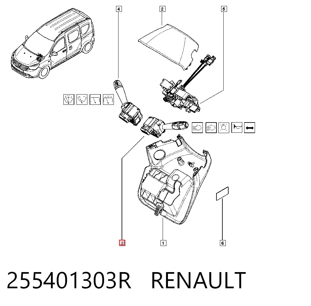 255401303R Renault (RVI) Comutador esquerdo instalado na coluna da direção