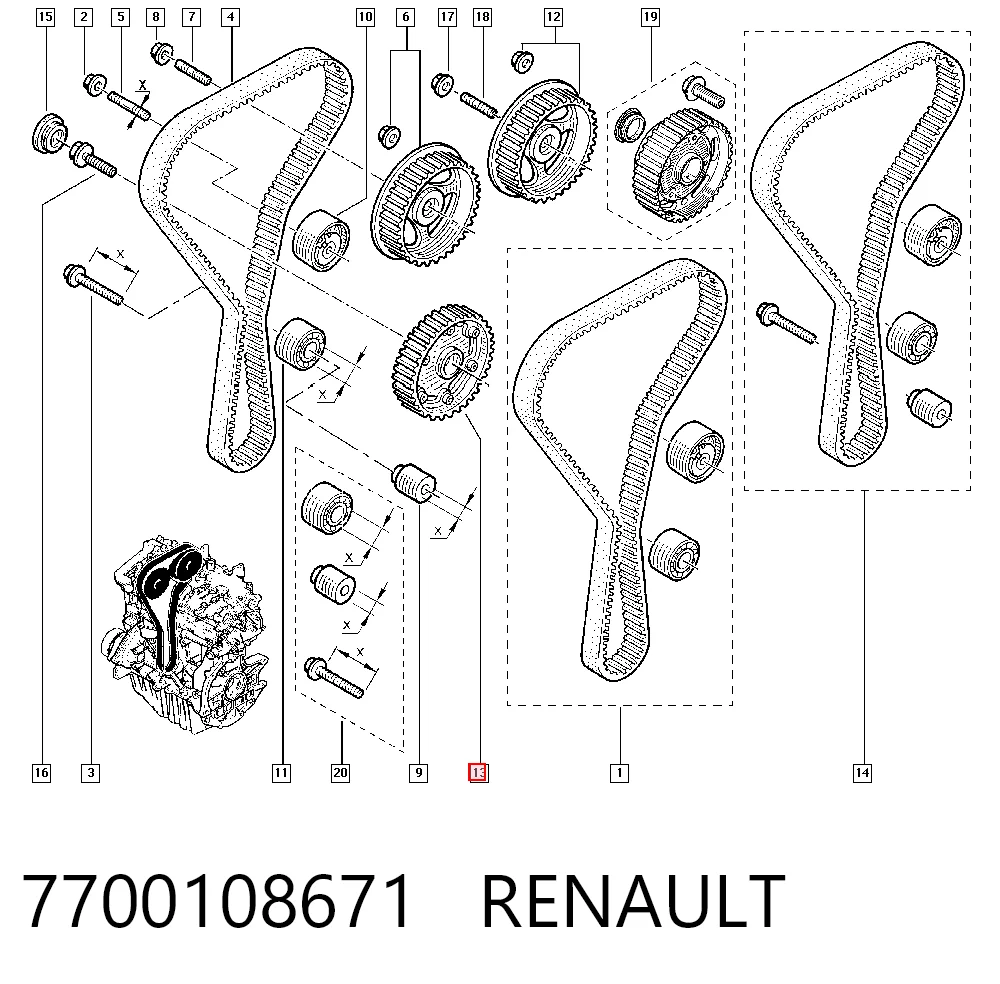 7700108671 Renault (RVI) Engrenagem de cadeia de roda dentada da árvore distribuidora de admissão de motor