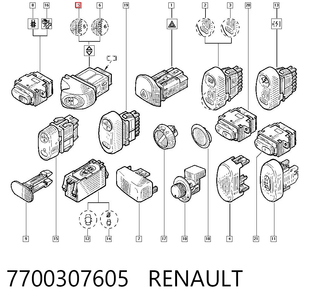 7700307605 Renault (RVI) Botão dianteiro esquerdo de ativação de motor de acionamento de vidro