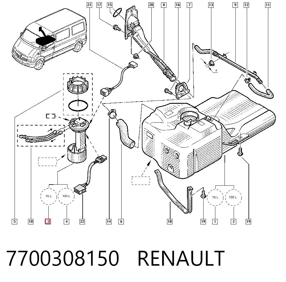Sensor do nível de combustível no tanque Renault Master II FD