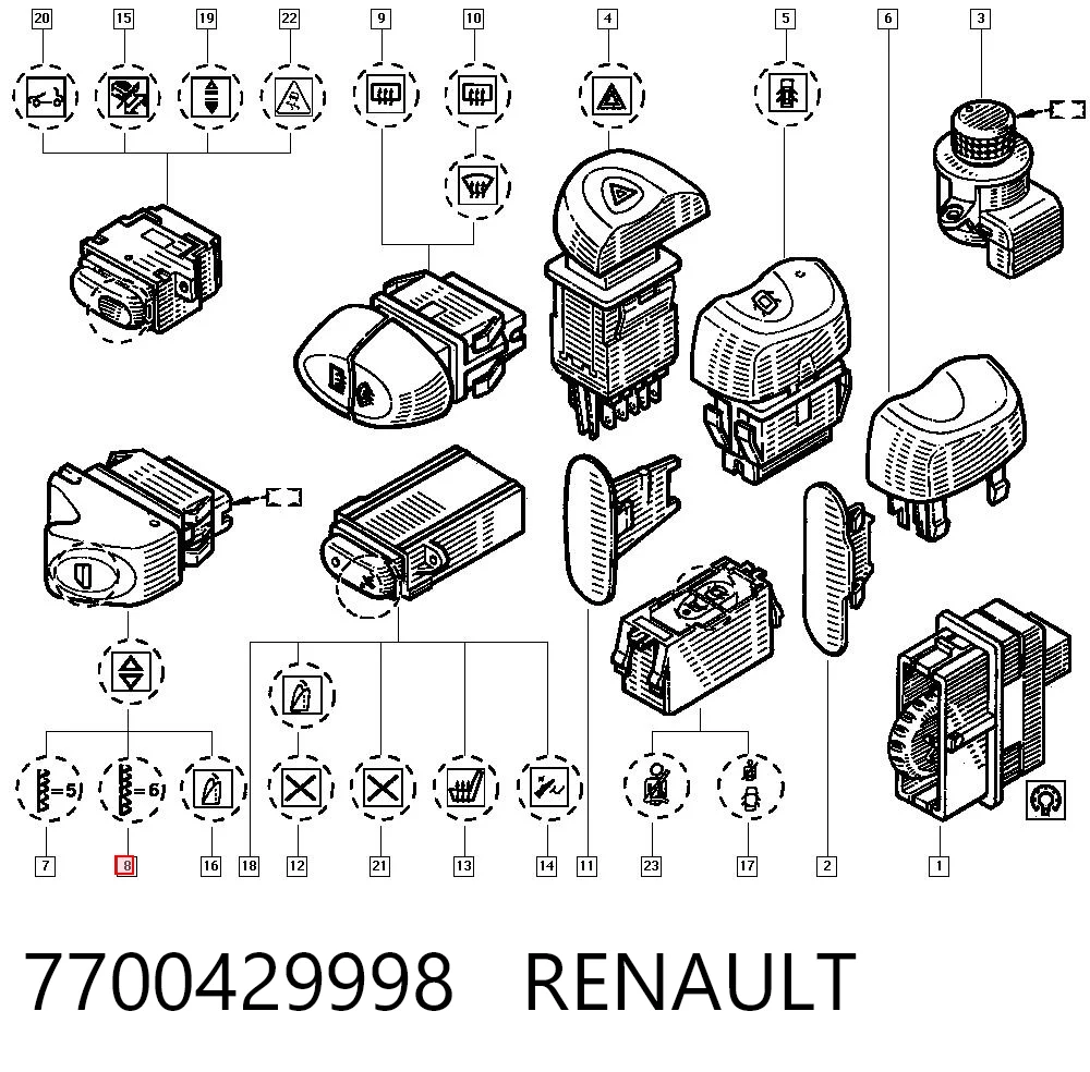 7700429998 Renault (RVI) Botão dianteiro esquerdo de ativação de motor de acionamento de vidro