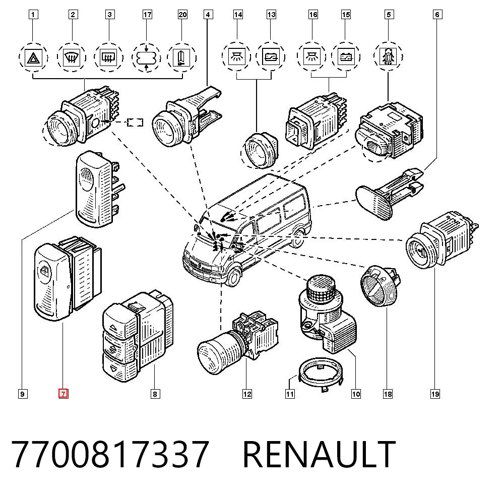 7700817337 Renault (RVI) Botão dianteiro direito de ativação de motor de acionamento de vidro