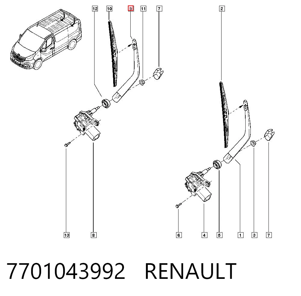 7701043992 Renault (RVI) Braço de limpa-pára-brisas de vidro traseiro