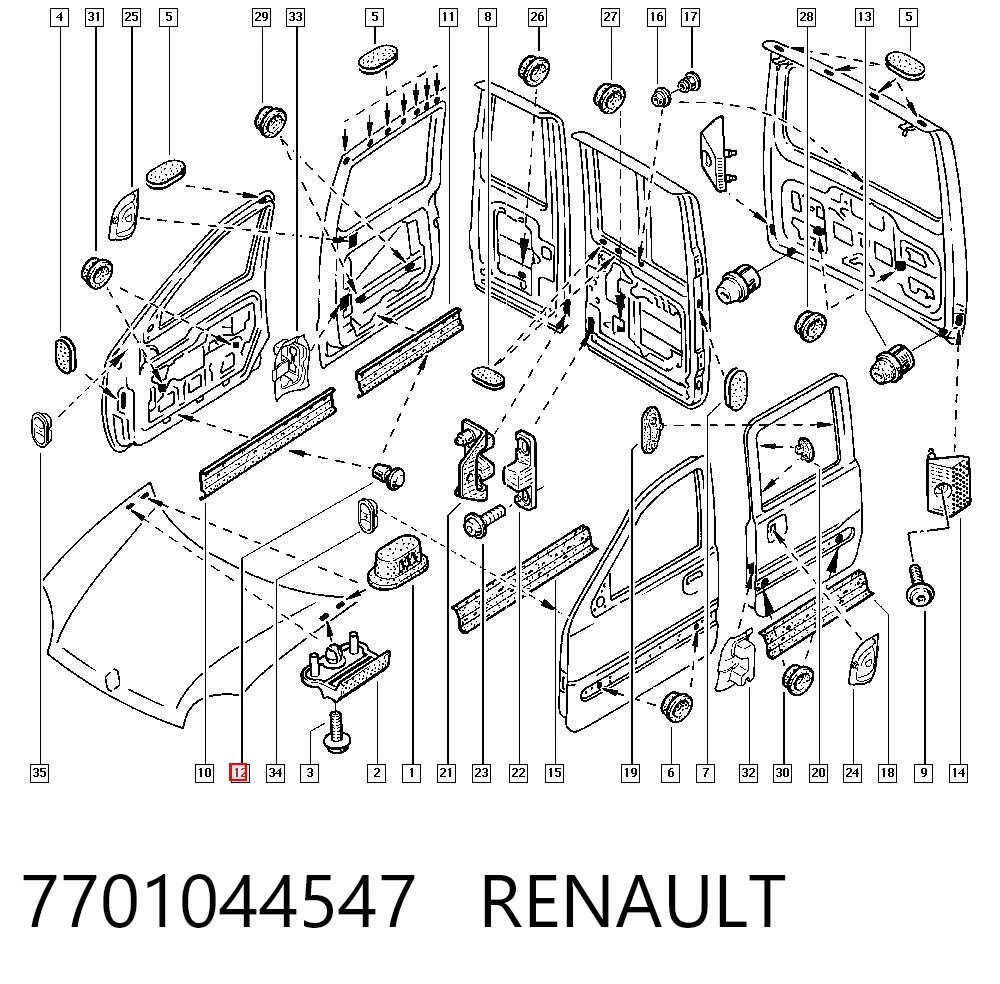 7701044547 Renault (RVI) Braçadeira (cápsula) de fixação de moldura da porta