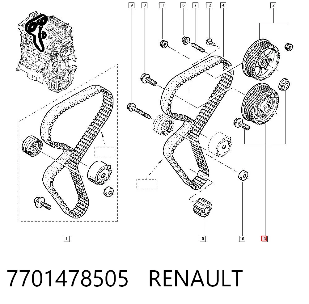7701478505 Renault (RVI) Engrenagem de cadeia de roda dentada da árvore distribuidora de admissão de motor