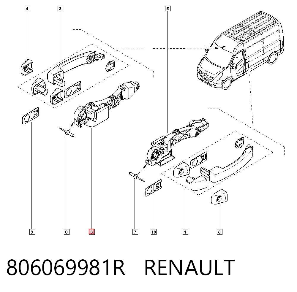 806069981R Renault (RVI) Suporte de maçaneta externa da porta batente traseira direita