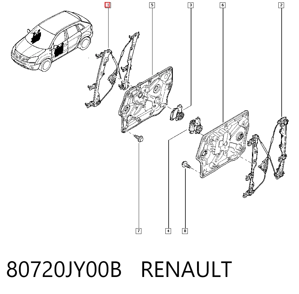  Mecanismo de acionamento de vidro da porta dianteira direita Renault Koleos SUV (HY0) (2008 - 2026) 
