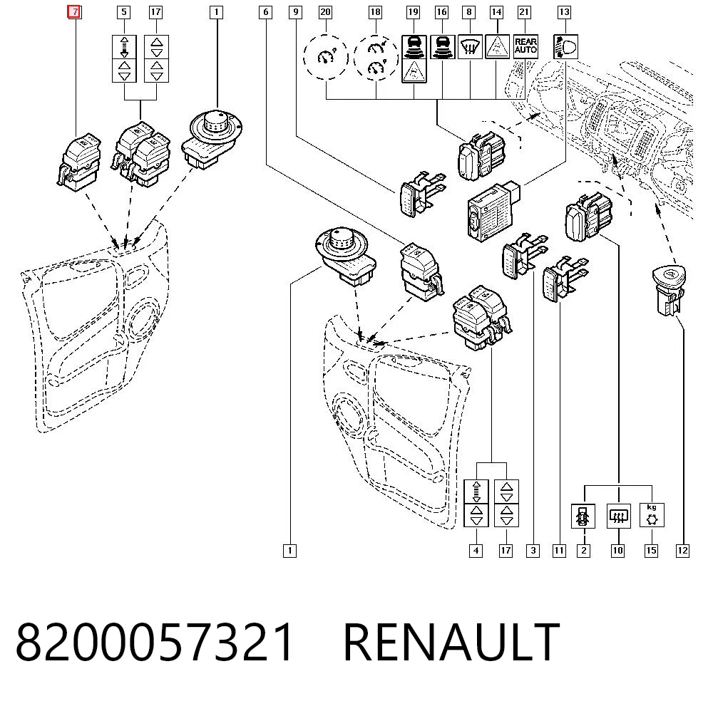 8200057321 Renault (RVI) Botão dianteiro direito de ativação de motor de acionamento de vidro