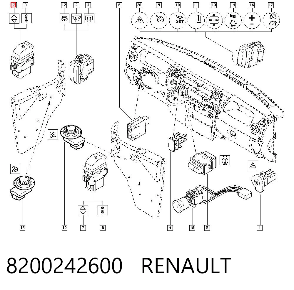 8200242600 Renault (RVI) Botão dianteiro direito de ativação de motor de acionamento de vidro