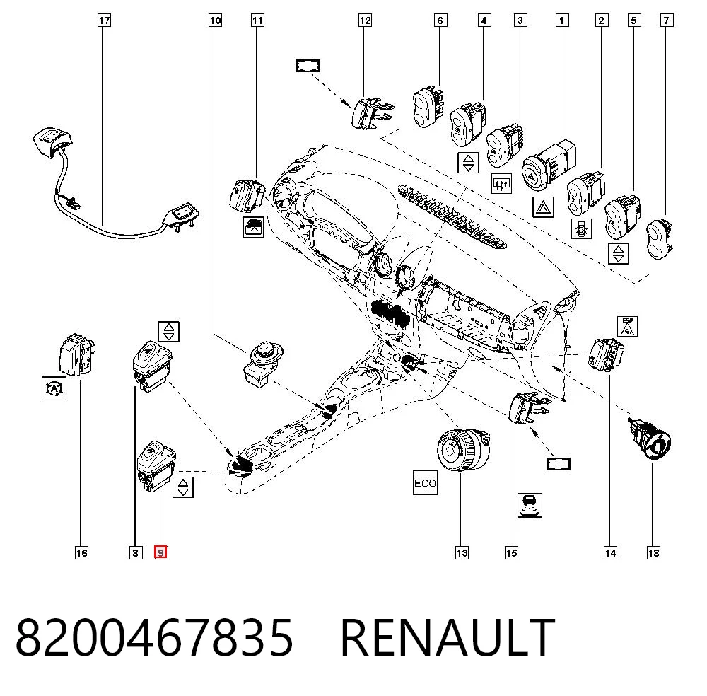 8200467835 Renault (RVI) Botão traseiro direito de ativação de motor de acionamento de vidro