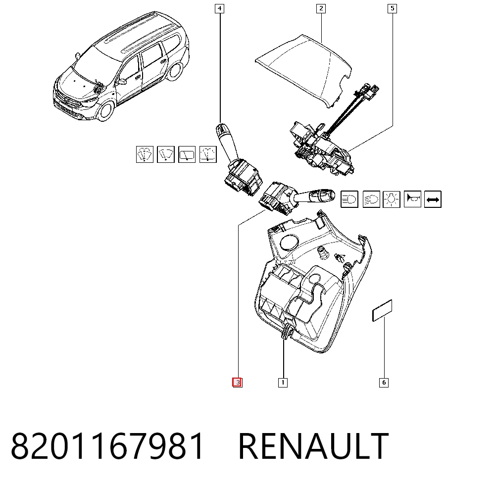8201167981 Renault (RVI) Comutador esquerdo instalado na coluna da direção