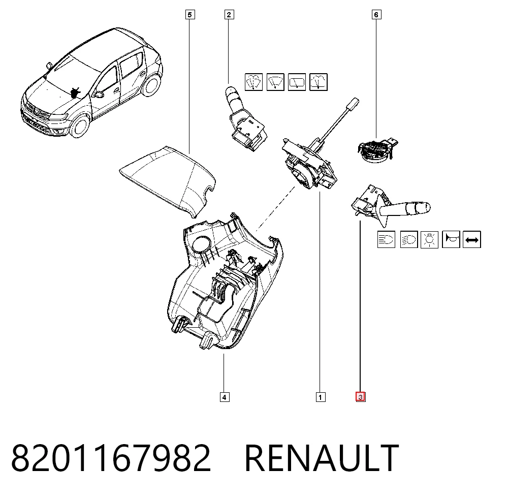 8201167982 Renault (RVI) Comutador esquerdo instalado na coluna da direção