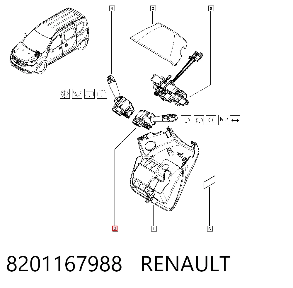 8201167988 Renault (RVI) Comutador esquerdo instalado na coluna da direção