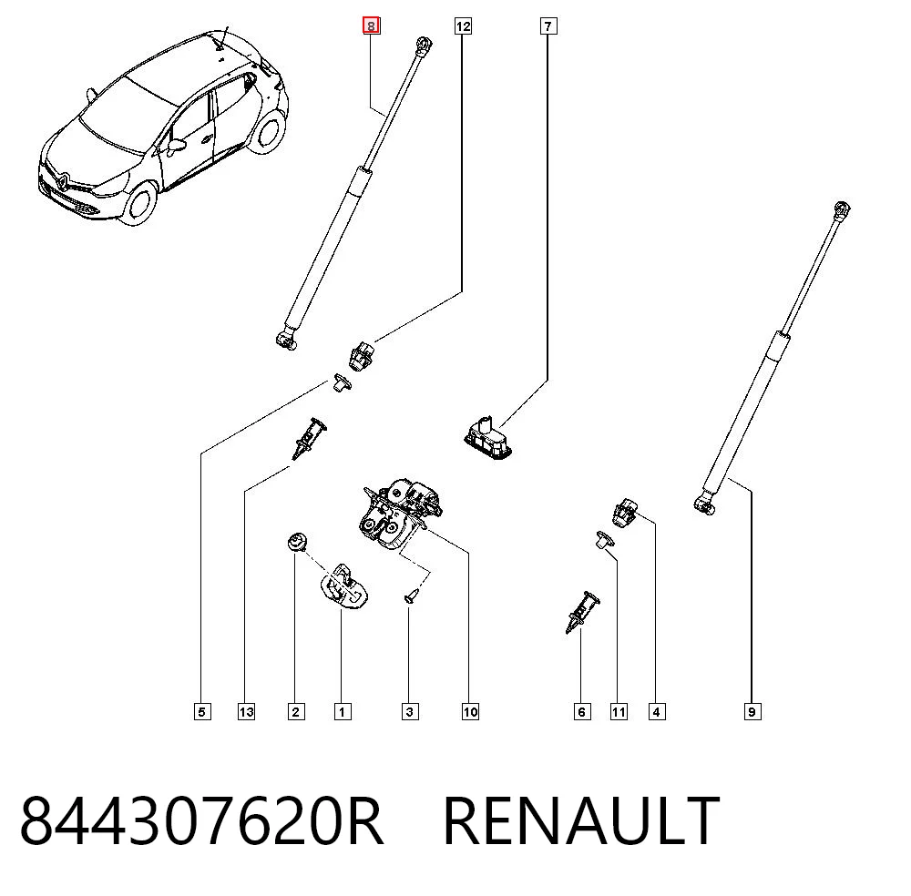 844307620R Renault (RVI) Amortecedor de tampa de porta-malas (de 3ª/5ª porta traseira)