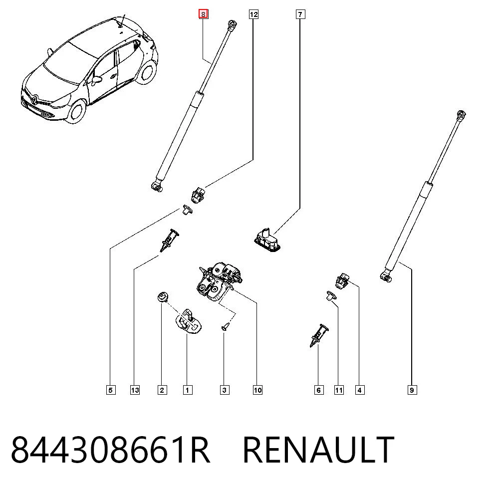 844308661R Renault (RVI) Amortecedor de tampa de porta-malas (de 3ª/5ª porta traseira)