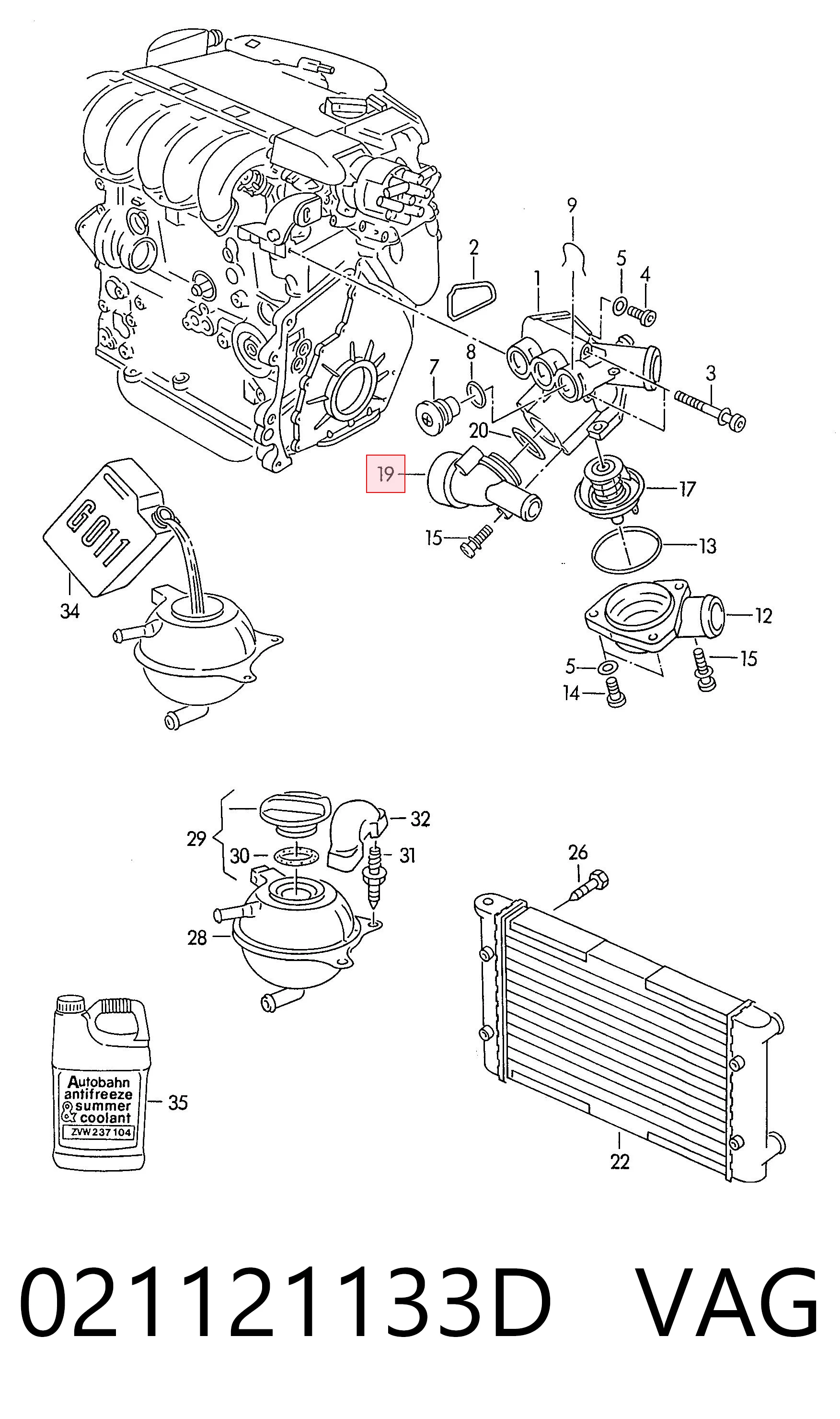 021121133D VAG Flange do sistema de esfriamento (união em T)