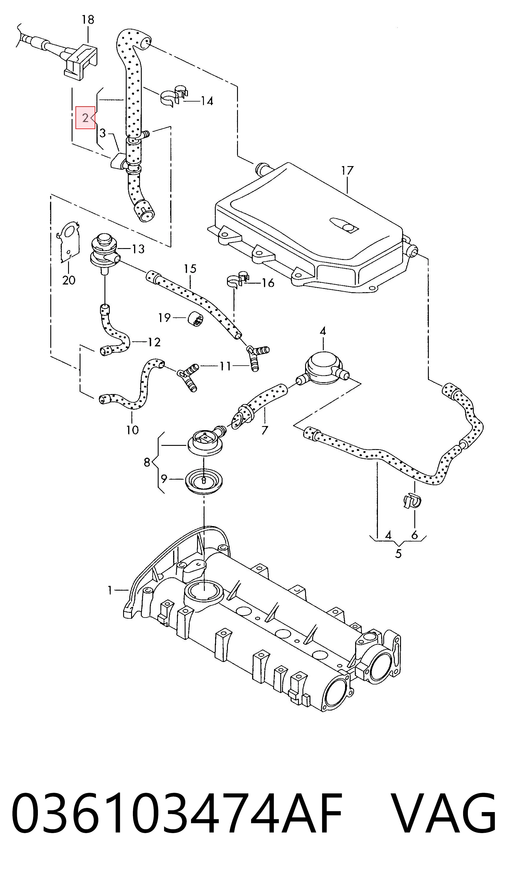 036103474AF VAG Cano derivado de ventilação de cárter (de separador de óleo)
