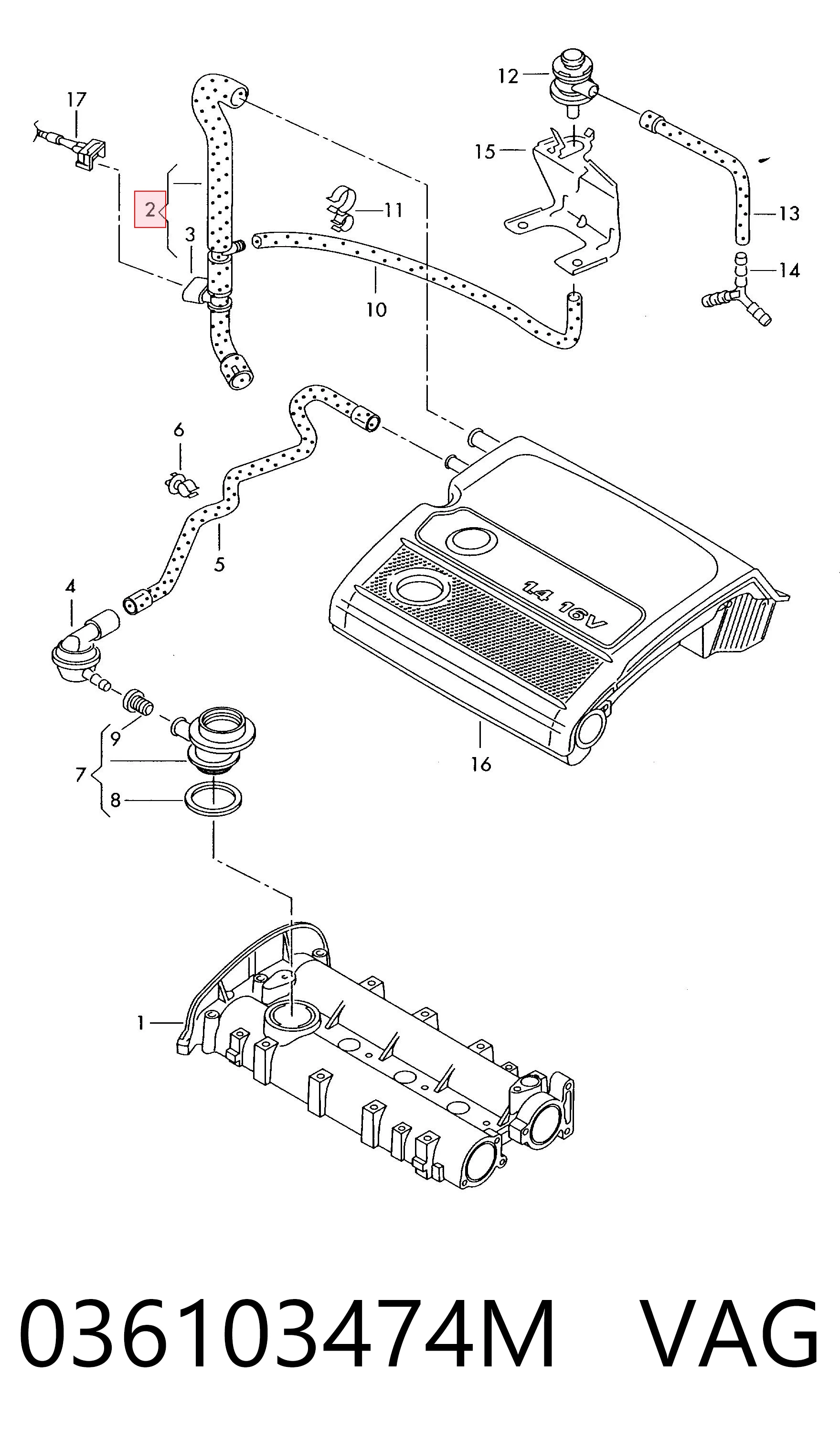 036103474M VAG Cano derivado de ventilação de cárter (de separador de óleo)