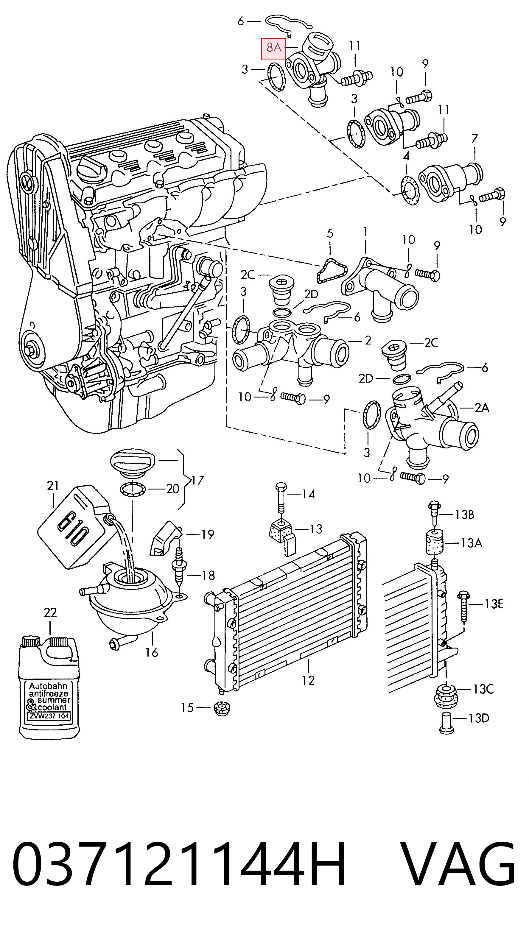 037121144H VAG Flange do sistema de esfriamento (união em T)