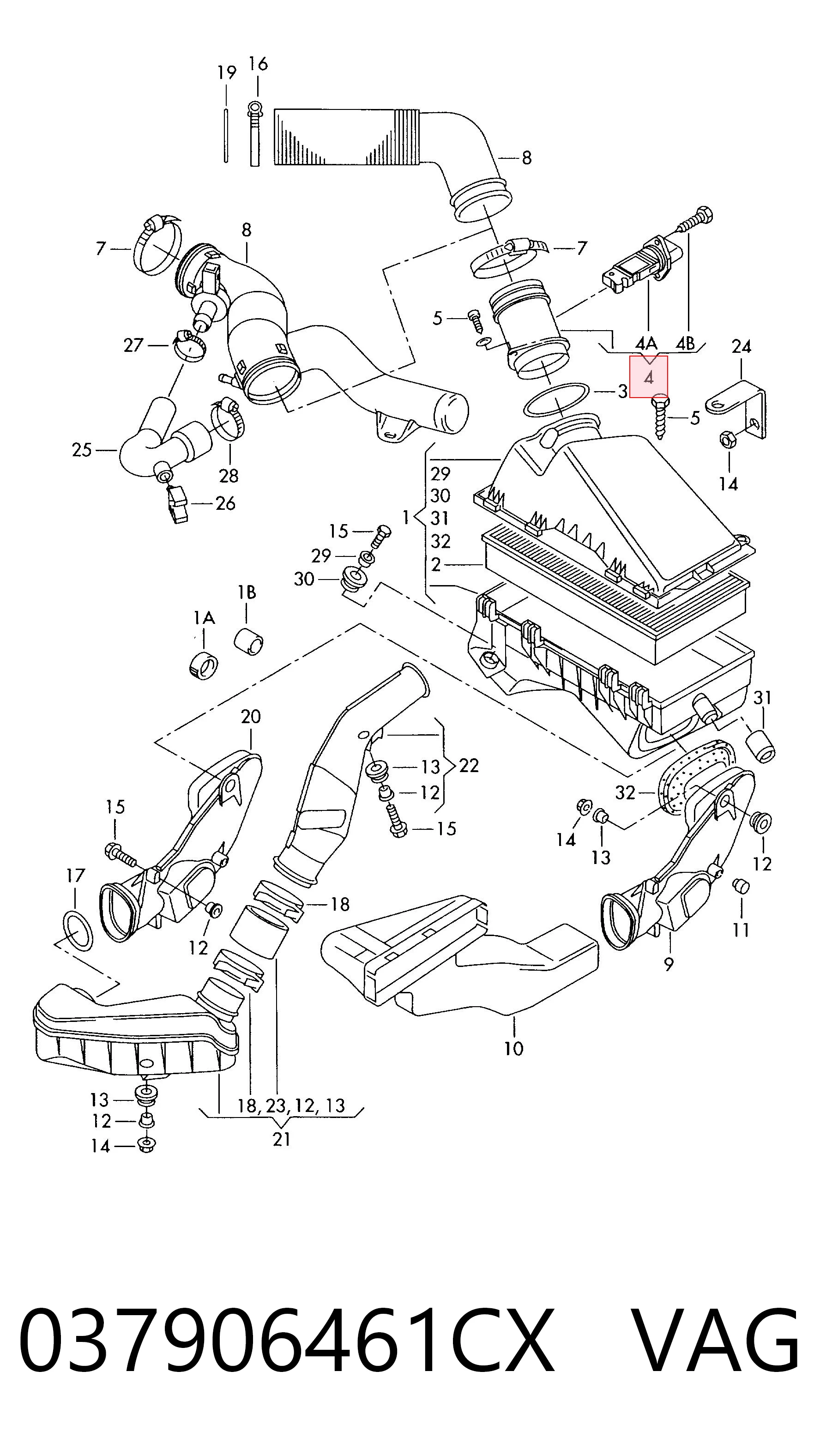 037906461CX VAG Sensor de fluxo (consumo) de ar, medidor de consumo M.A.F. - (Mass Airflow)