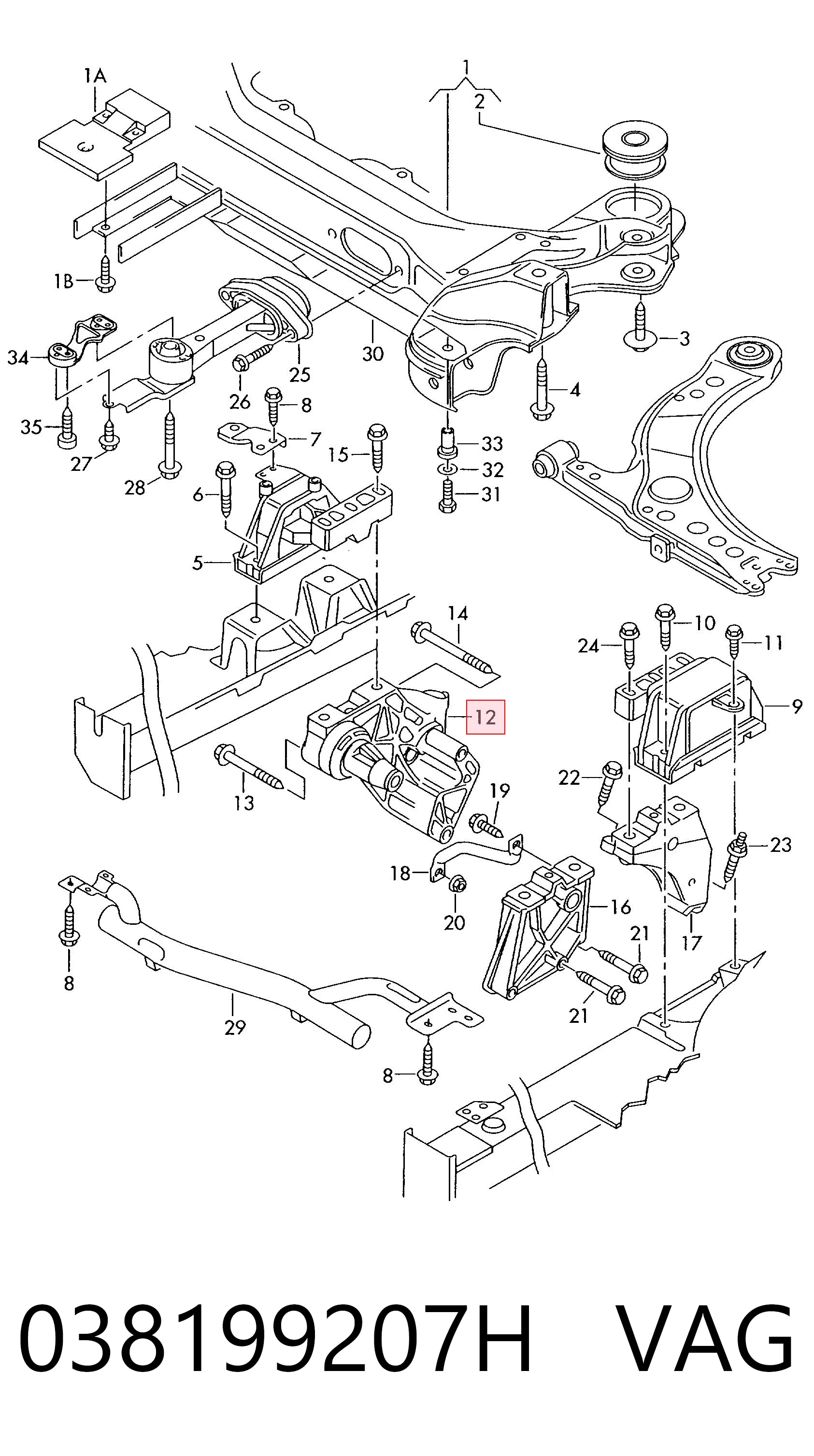 038199207H VAG Consola de coxim (apoio) direita de motor