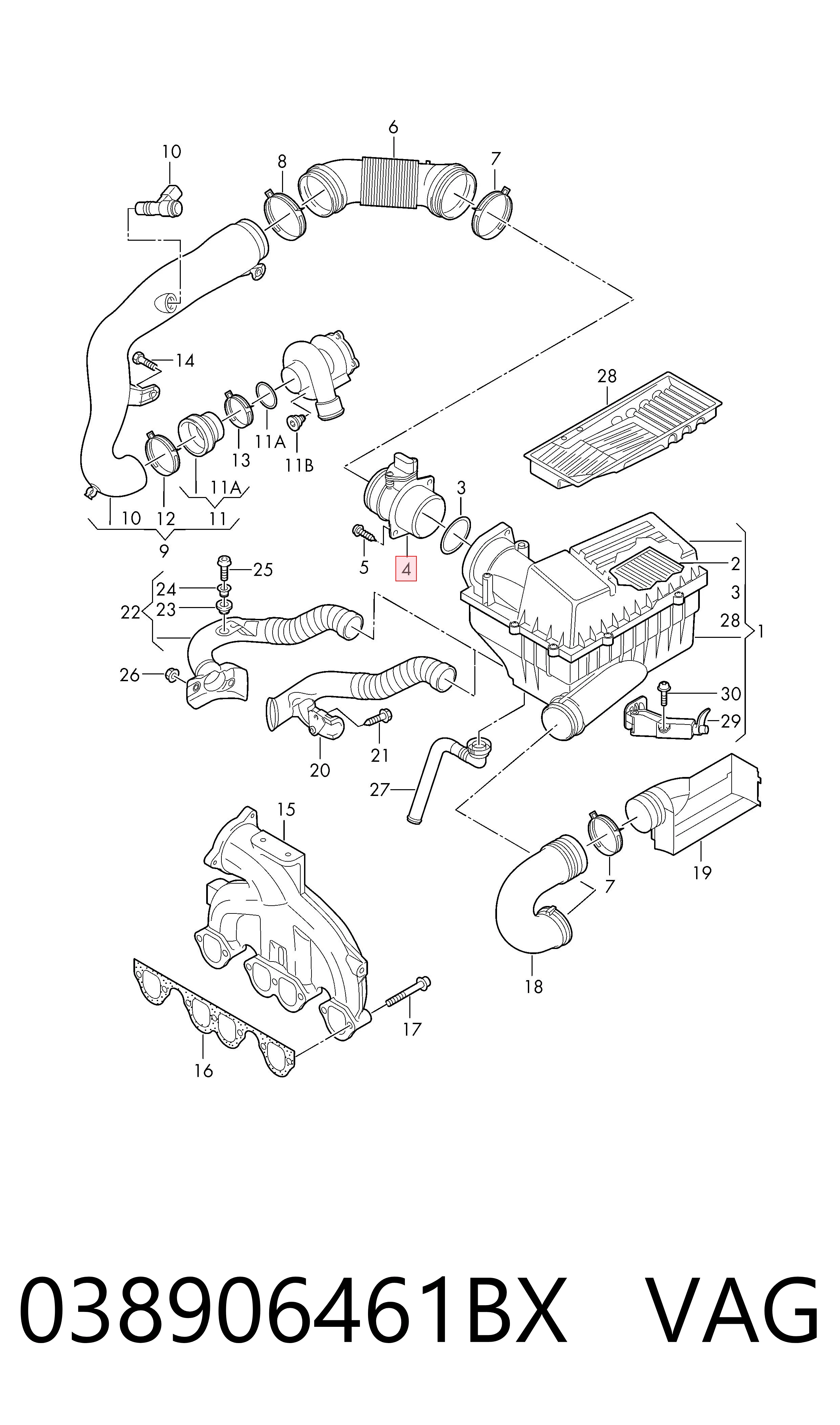 038906461BX VAG Sensor de fluxo (consumo) de ar, medidor de consumo M.A.F. - (Mass Airflow)
