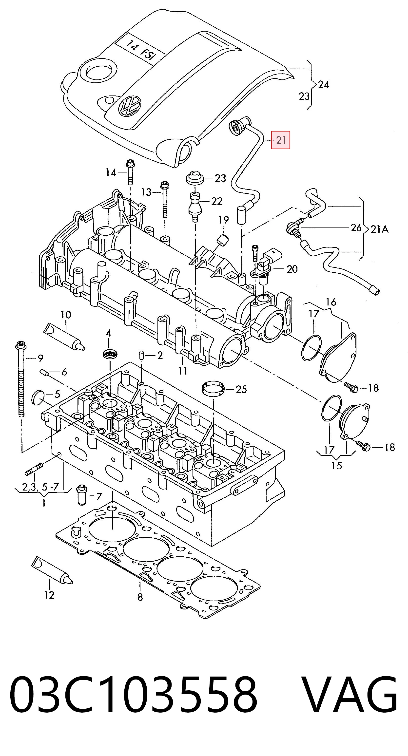 03C103558 VAG Cano derivado de ventilação de cárter (de separador de óleo)