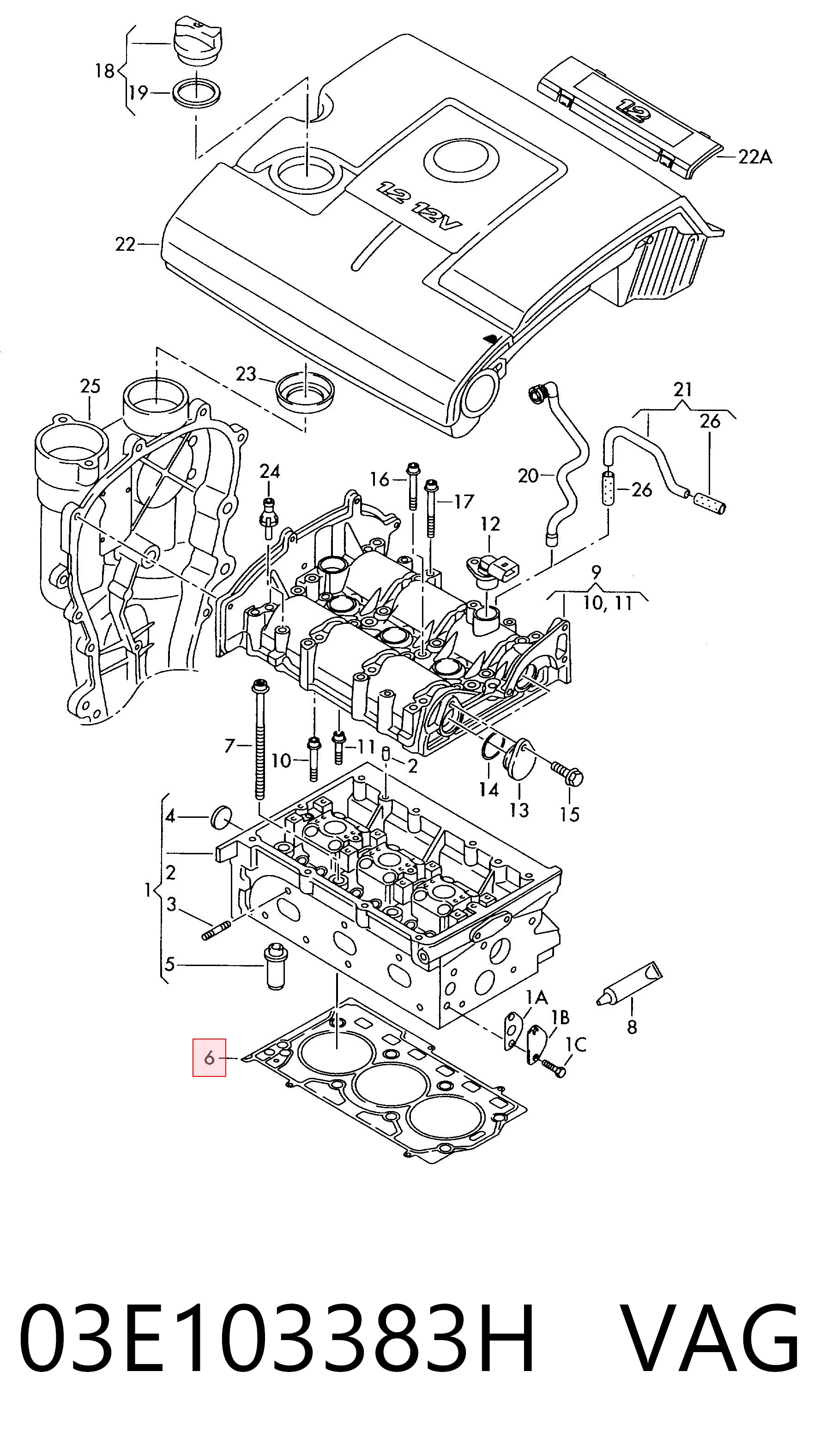 03E103383H VAG Vedante de cabeça de motor (CBC)
