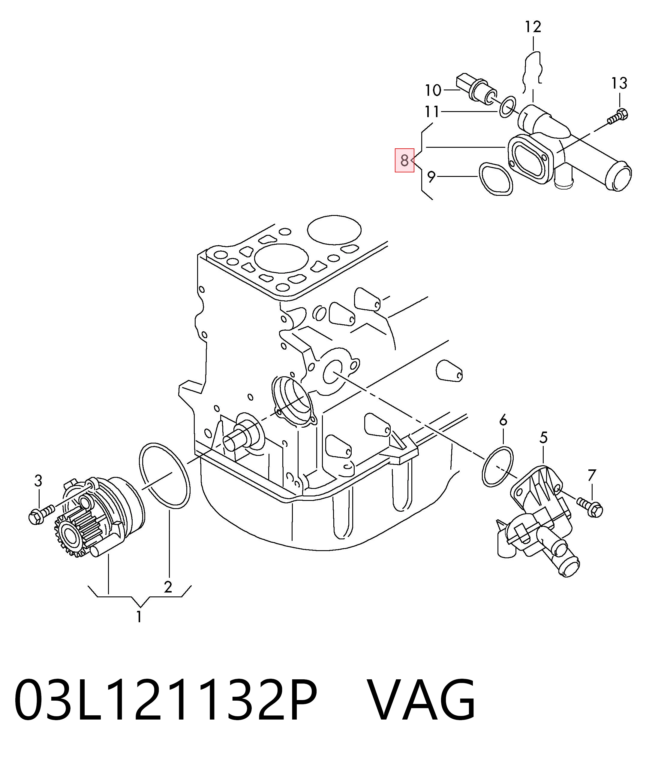 Flange do sistema de esfriamento (união em T) VAG 03L121132P