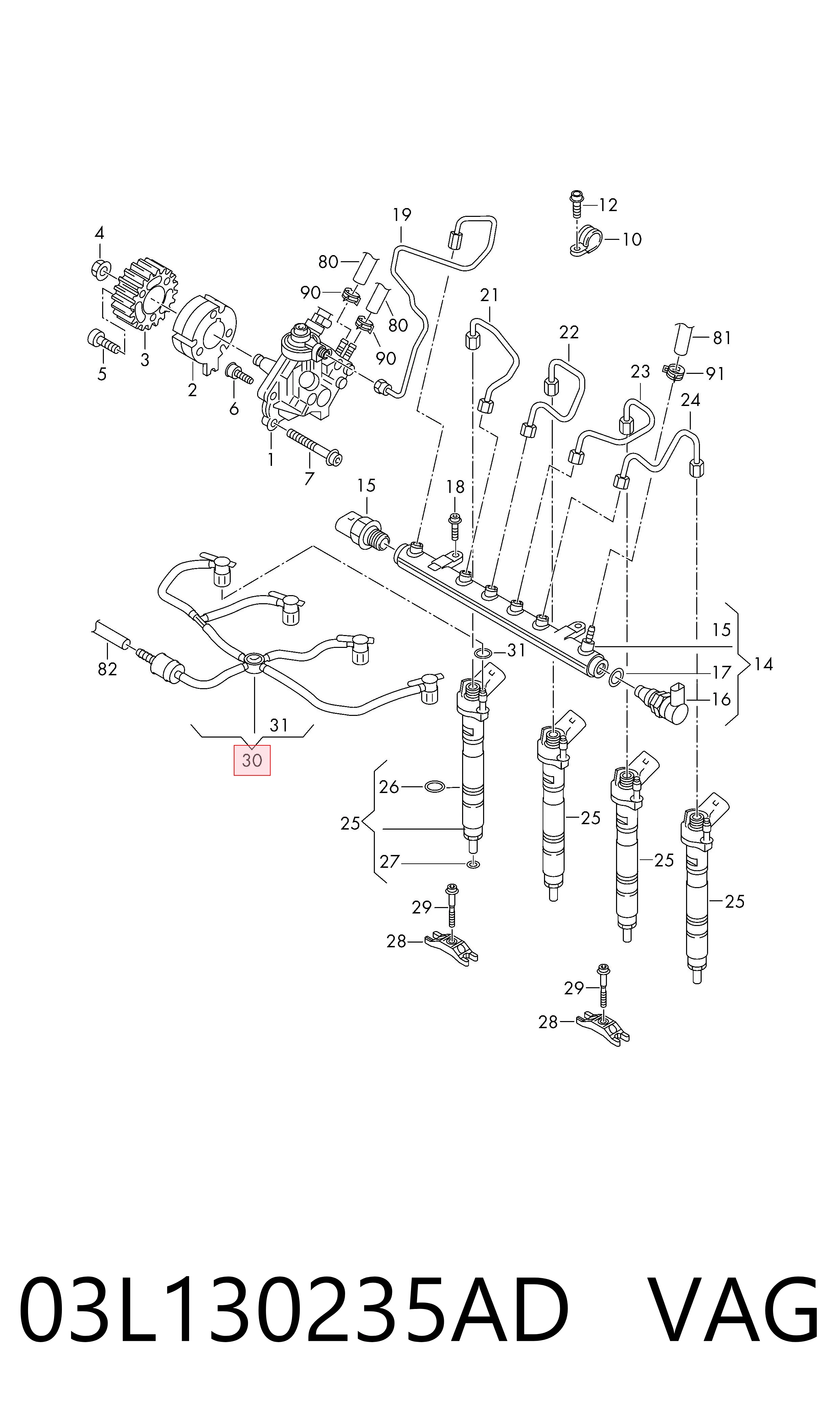 03L130235AD VAG Tubo de combustível, inverso desde os injetores