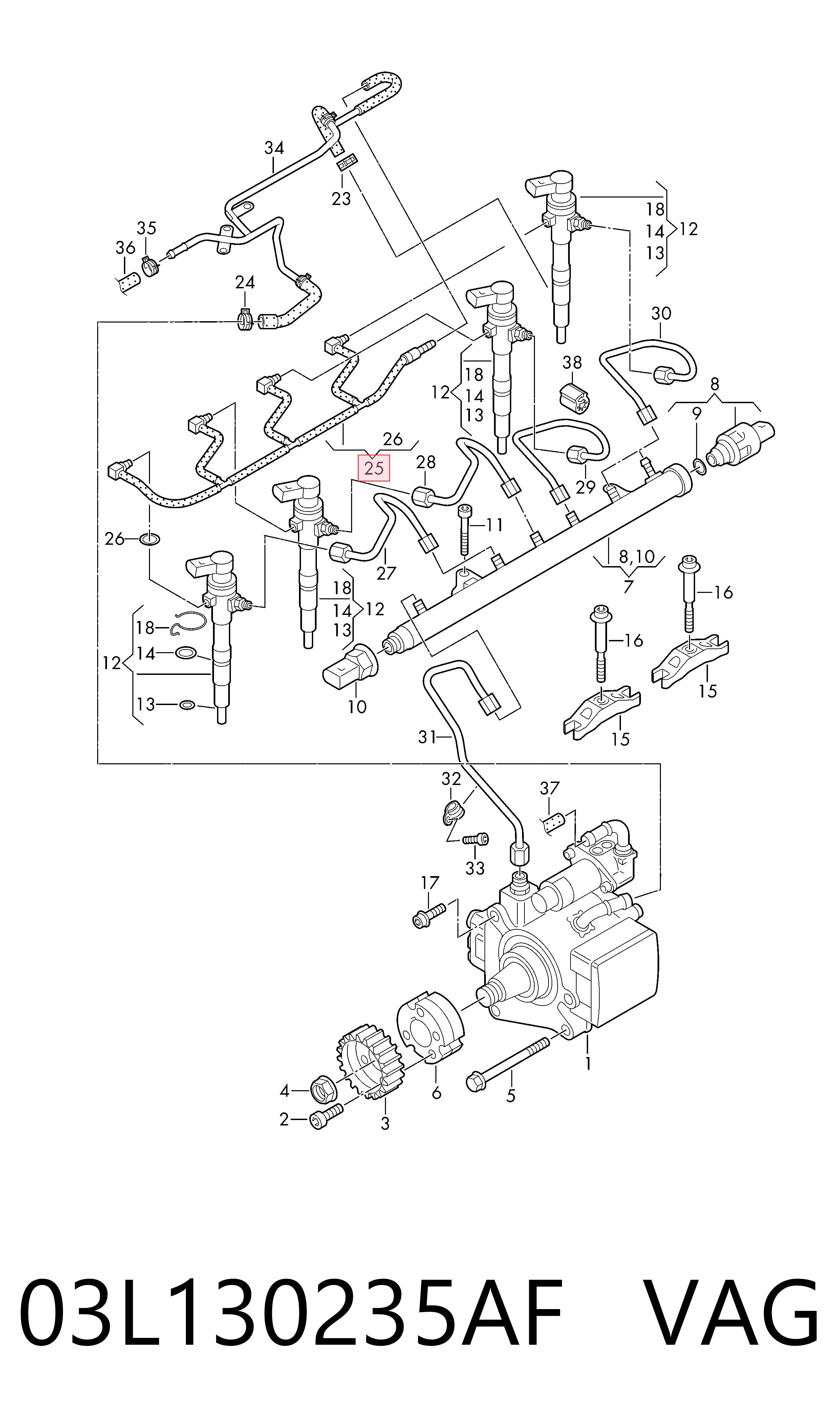 03L130235AF VAG Tubo de combustível, inverso desde os injetores