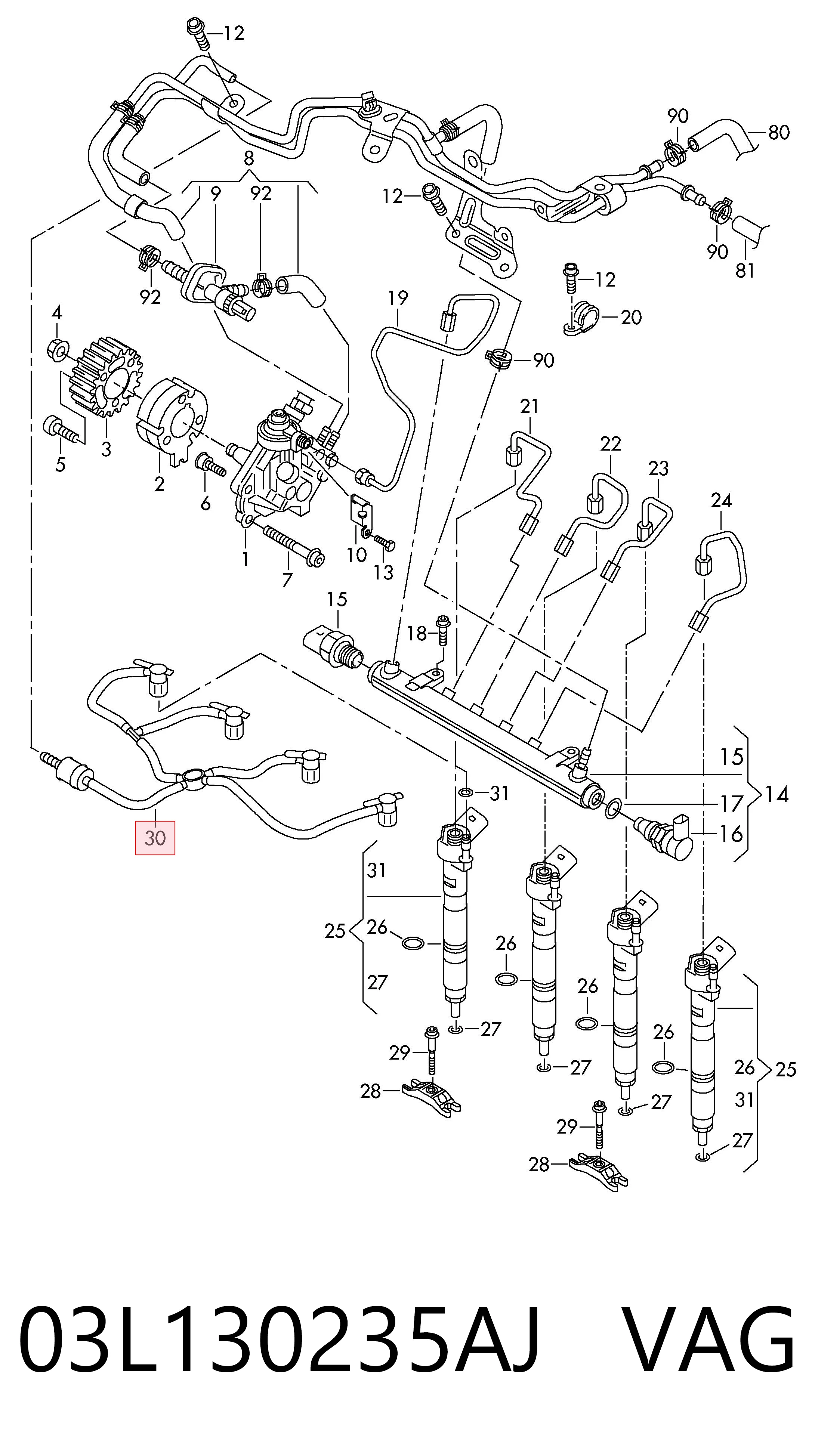 Compre 03L130235AJ VAG Tubo de combustível, inverso desde os injetores