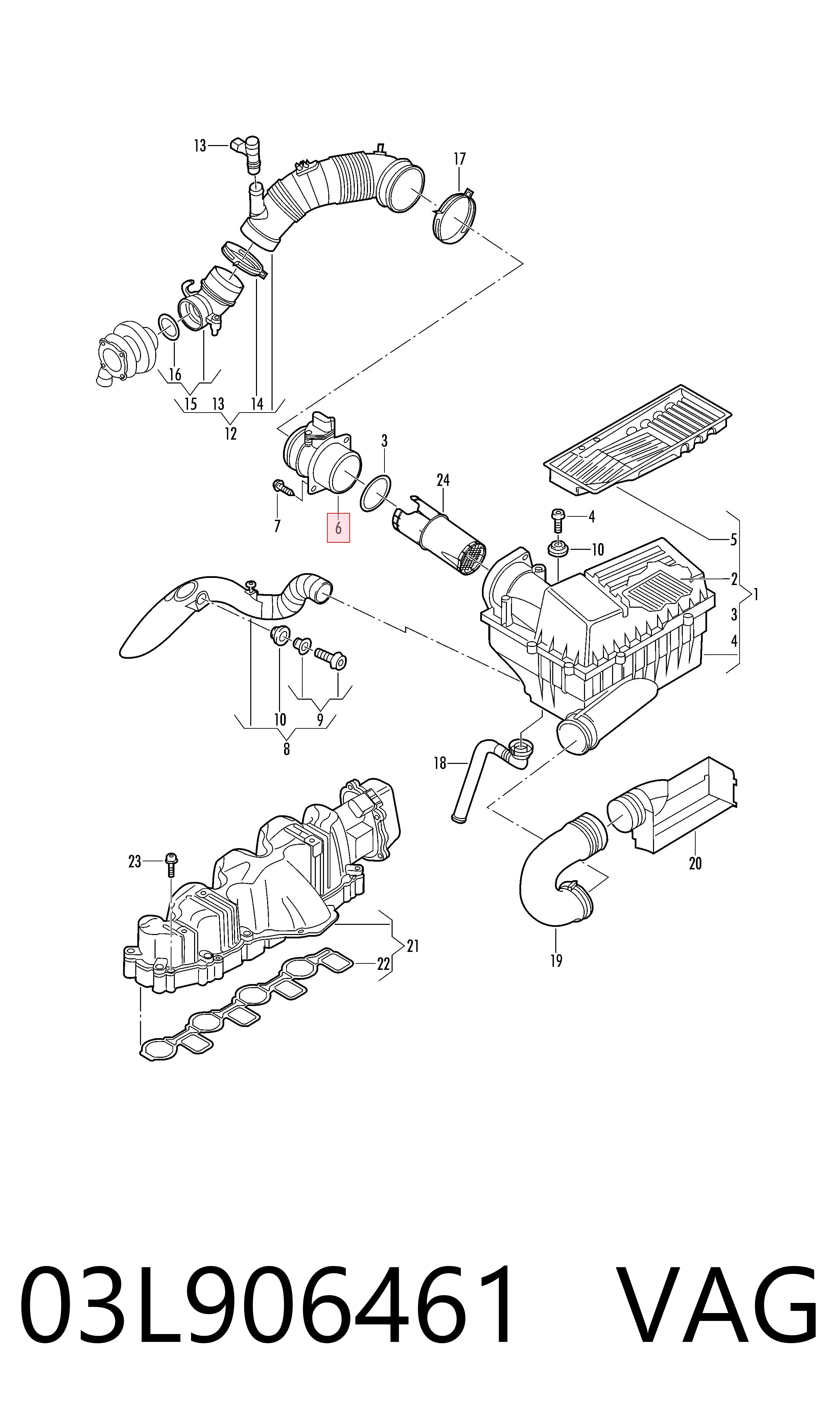 03L906461 VAG Sensor de fluxo (consumo) de ar, medidor de consumo M.A.F. - (Mass Airflow)