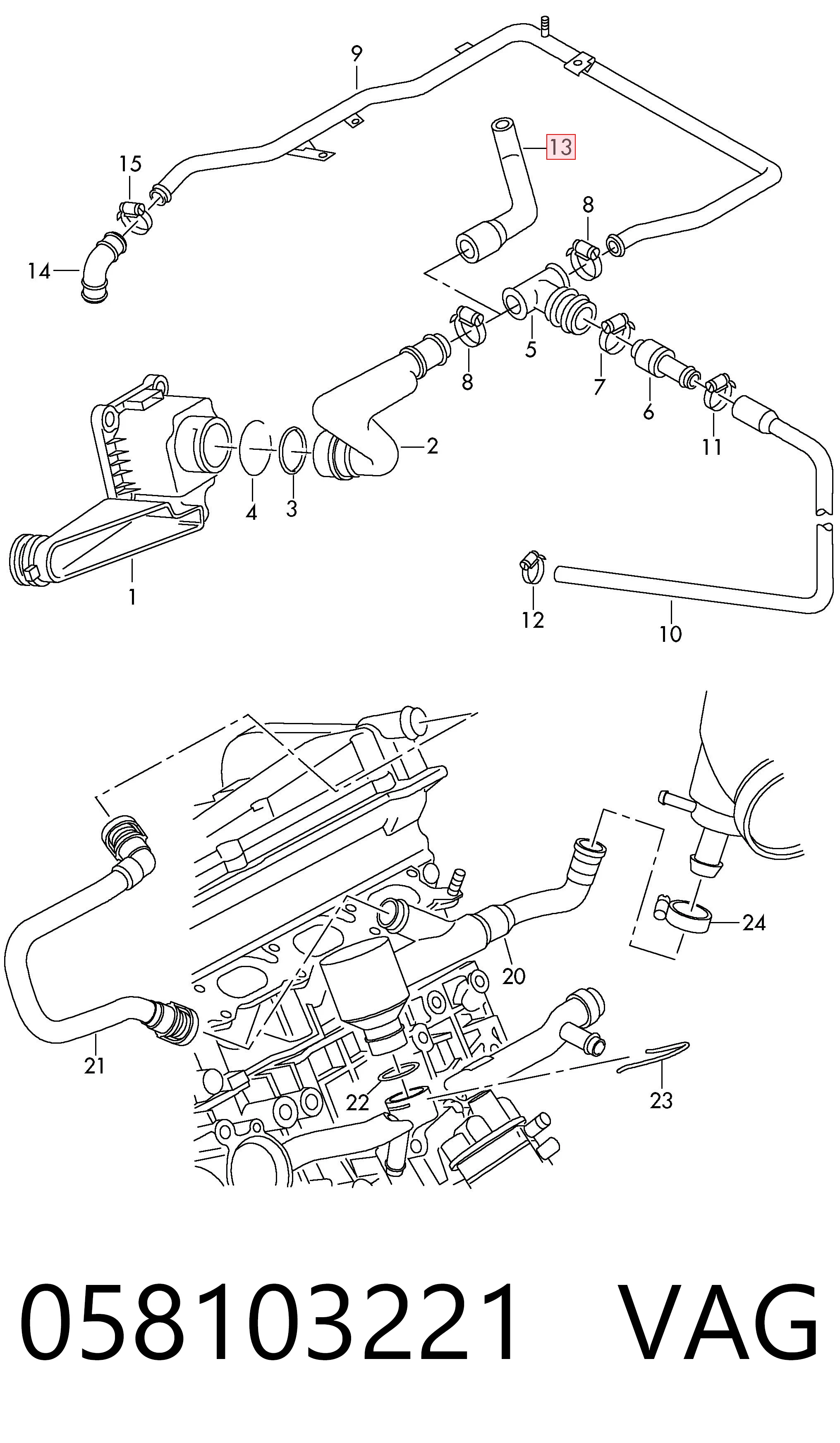 058103221 VAG Cano derivado de ventilação de cárter (de separador de óleo)