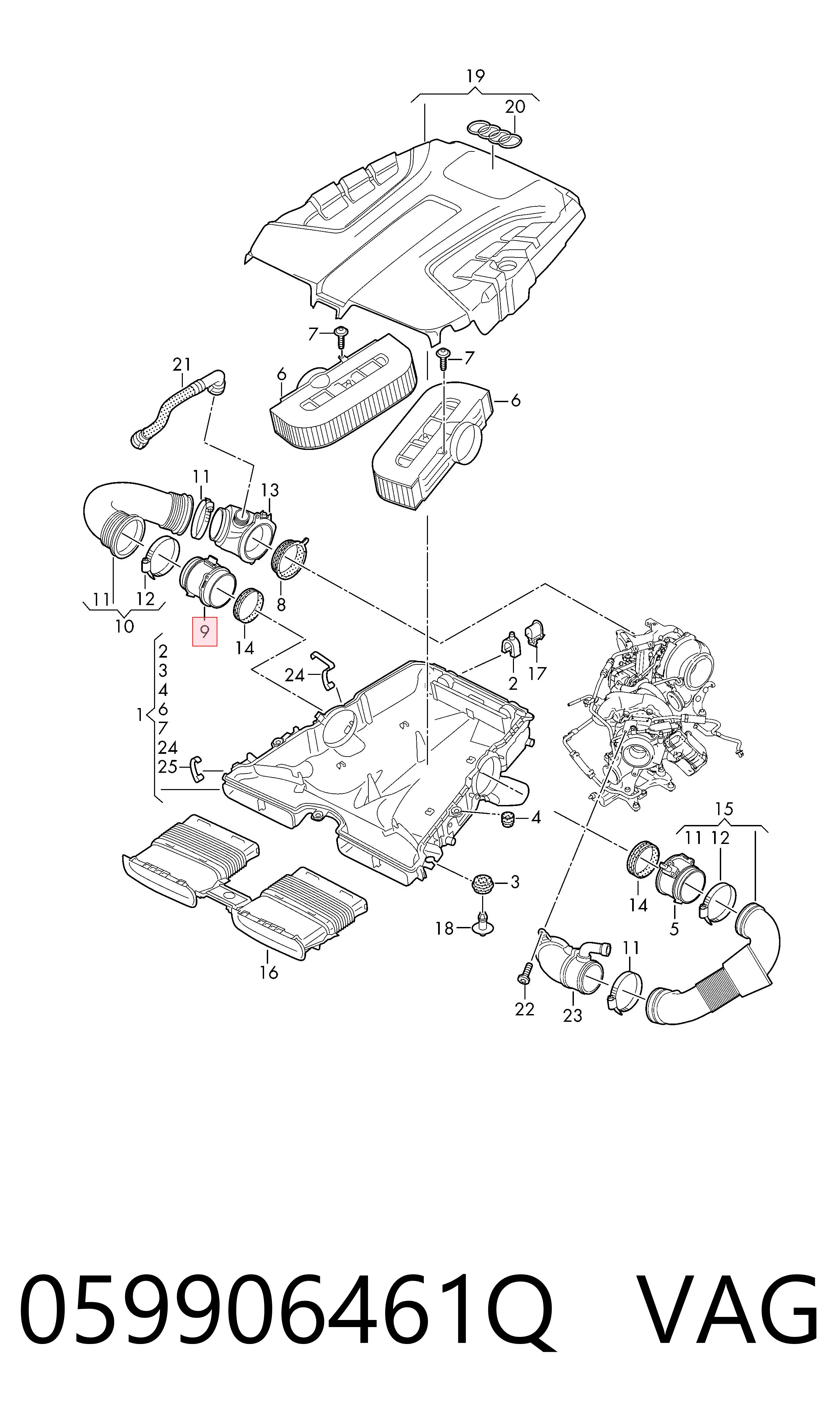 059906461Q VAG Sensor de fluxo (consumo) de ar, medidor de consumo M.A.F. - (Mass Airflow)