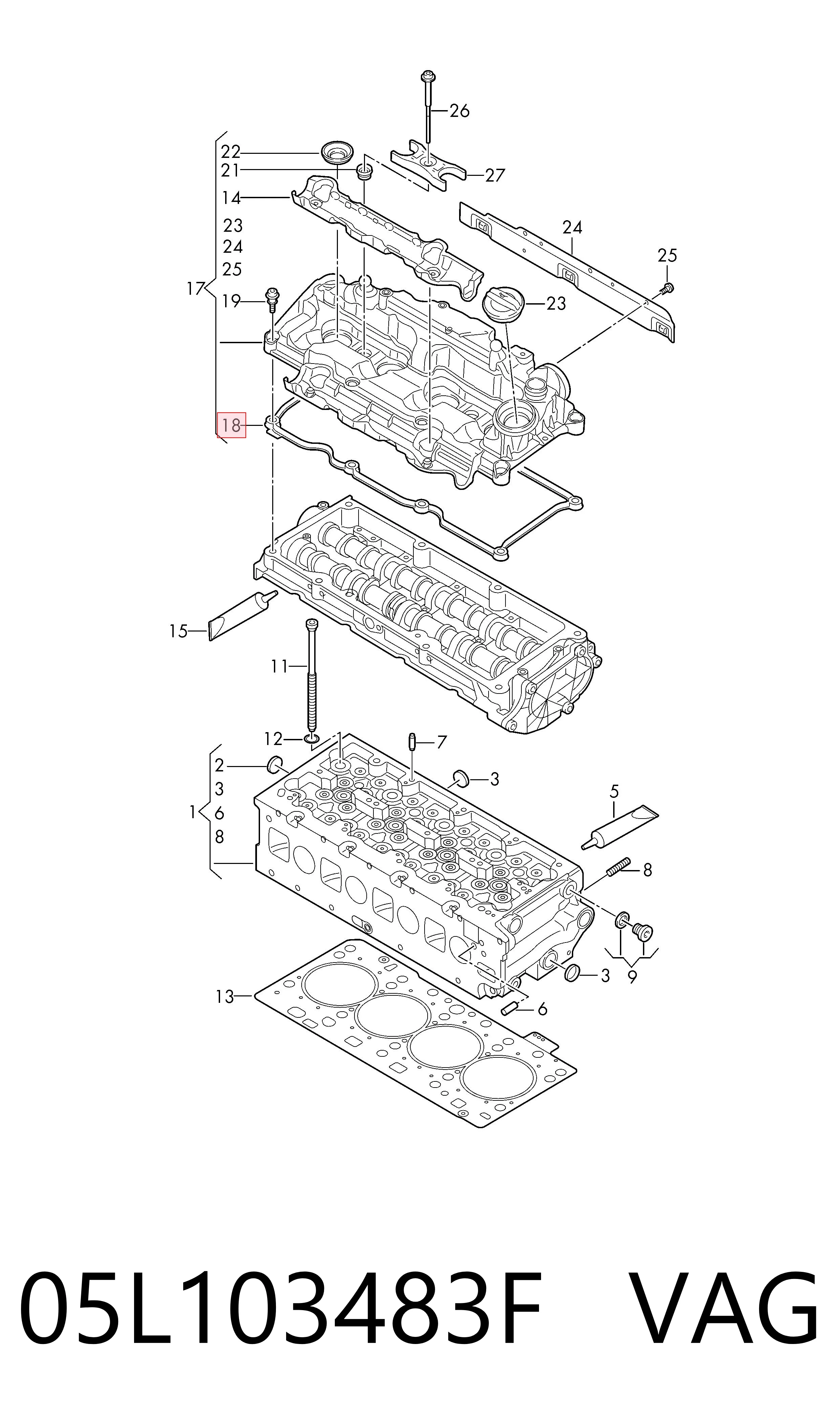 05L103483F VAG Vedante da tampa de válvulas de motor, kit