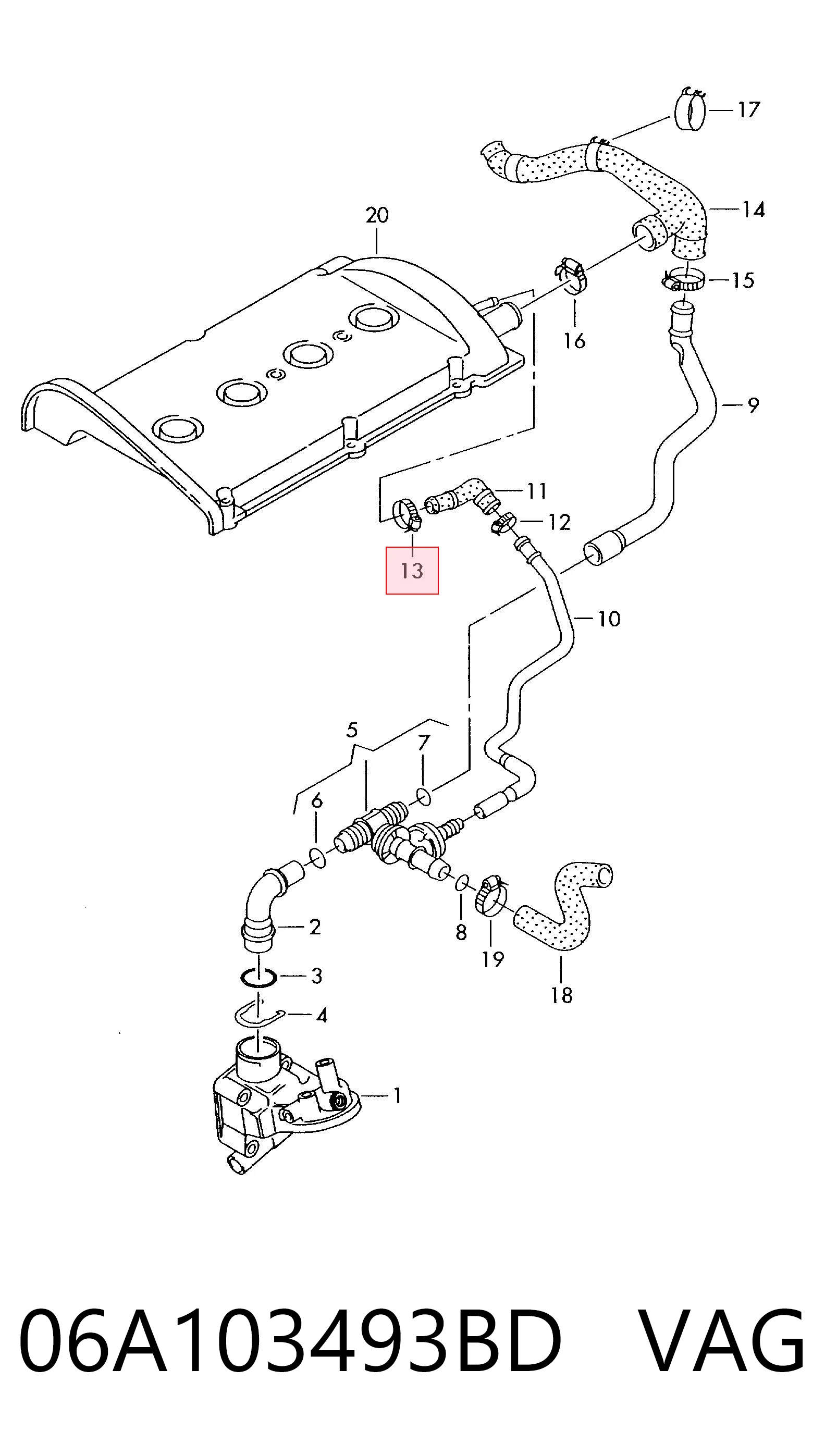 06A103493BD VAG Cano derivado de ventilação de cárter (de separador de óleo)