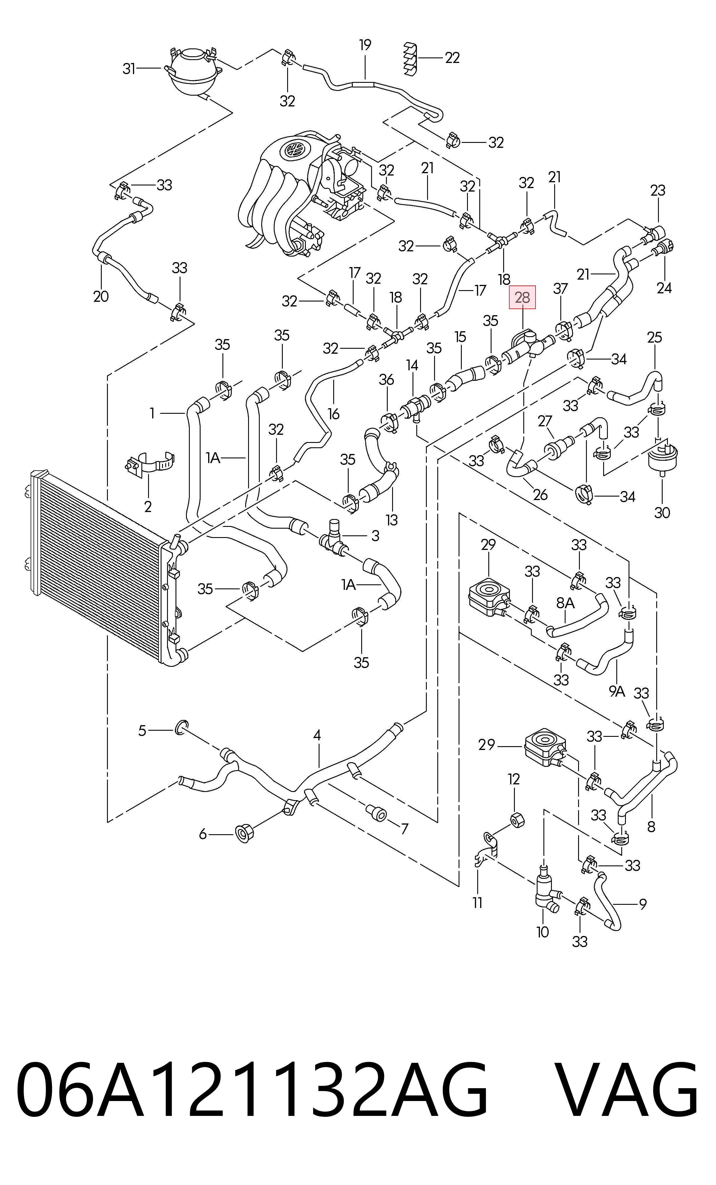 Flange do sistema de esfriamento (união em T) VAG 06A121132AG
