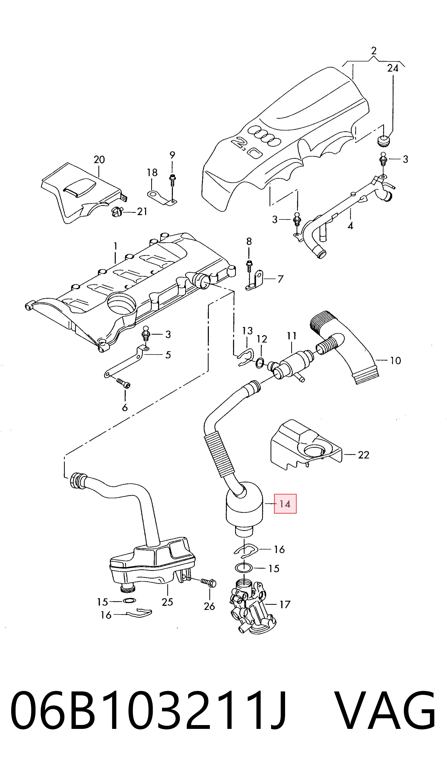 06B103211J VAG Cano derivado de ventilação de cárter (de separador de óleo)