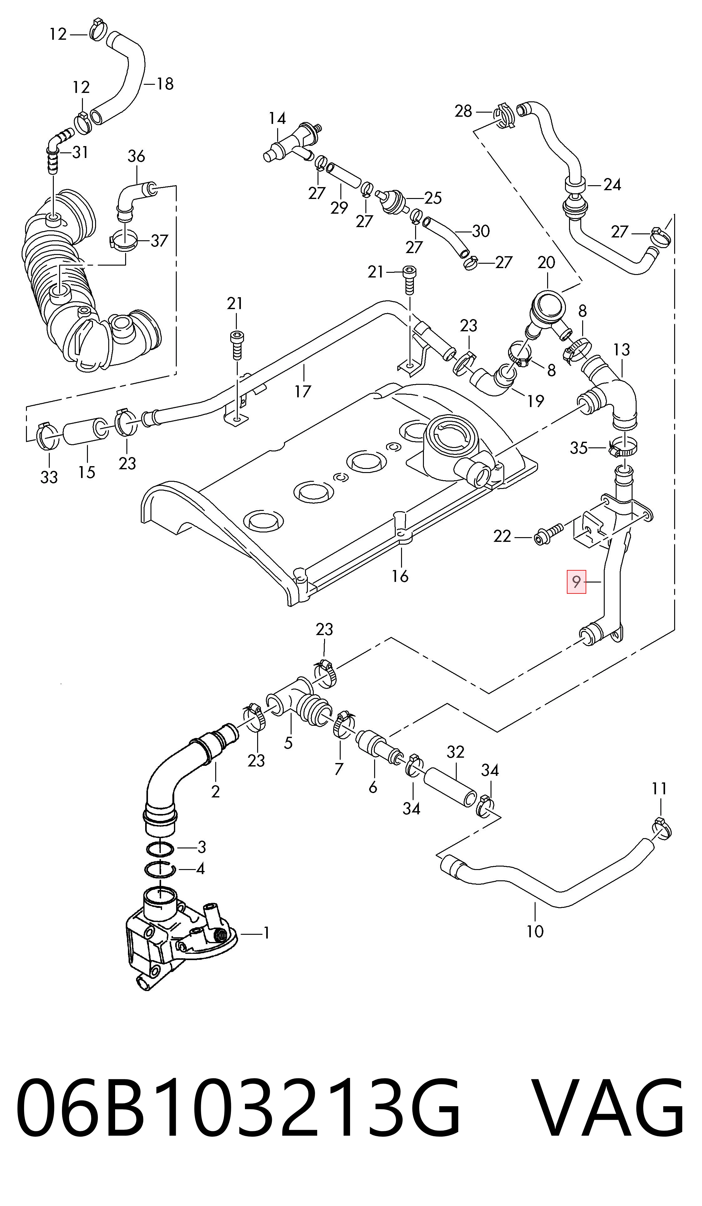 06B103213G VAG Cano derivado de ventilação de cárter (de separador de óleo)